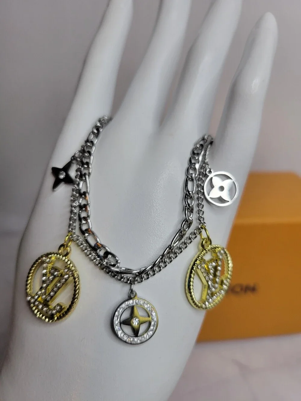 Stainless Steel Silver & Gold LV Crystal Zip Pull Bracelet